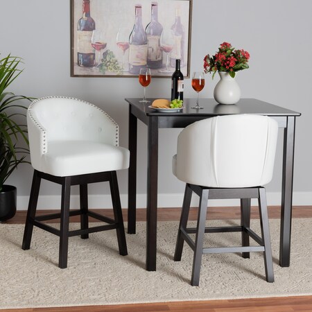 Baxton Studio Theron MidCentury  White Faux Leather  Espresso Brown Finished Wood Swivel Counter Stool Set 2PC 225-2PC-12971-ZORO